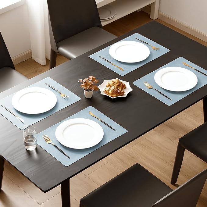 MOSAYT Vinyl Placemats Set of 8-12 X 17 Inch - Faux Leather 100% Waterproof Oil-Proof Wipeable PU Place Mats, Heat Resistant Reversible Table Mats for Kitchen, Dining, Outdoor (Light Grayish Blue)