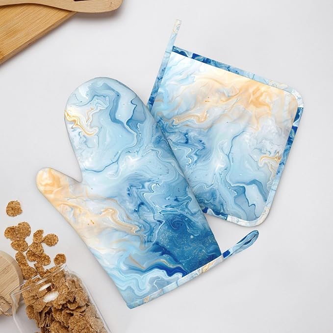 Oven Mitts and Pot Holders Blue Marble Pastel Silicone Kitchen Accessories Set of 2 Heat Resistant Long Gloves Potholder Non-Slip Grip for Chef Cooking Baking Grilling BBQ