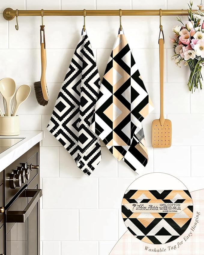 Miss Adola 2pcs Flour Sack Kitchen Towels - 18"x 26" Cotton Kitchen Hand Towels with Hanging Loop Reusable Geometric Beige and Black Modern Tea Towel Absorbent Dishcloths Home Decor, Modern Geometric