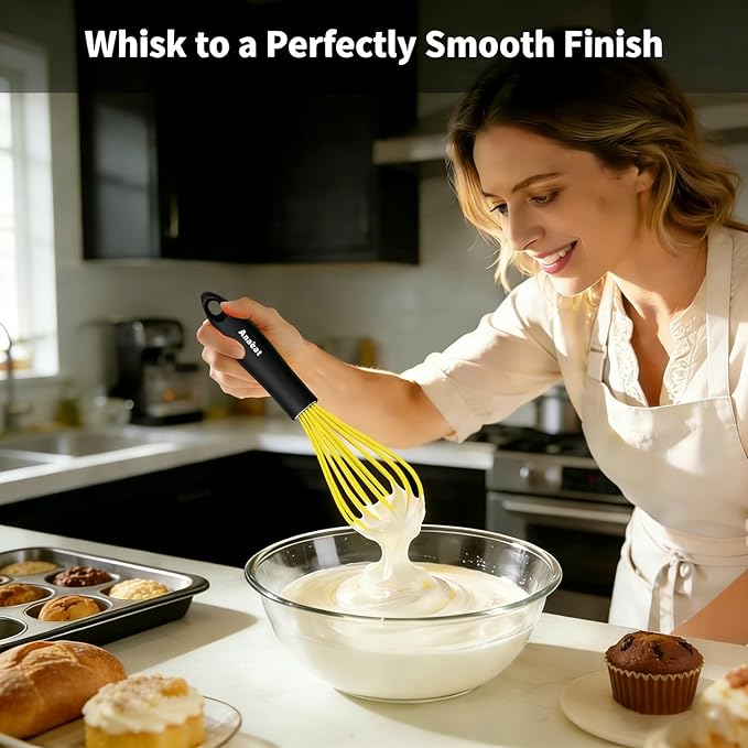 Anaeat Silicone Whisk, Thick Stainless Steel Wire Inner Heat Resistant - Kitchen Whisks for Non-Stick Cookware, Balloon Egg Beater for Whisking, Blending, Beating, Frothing & Stirring (Yellow)