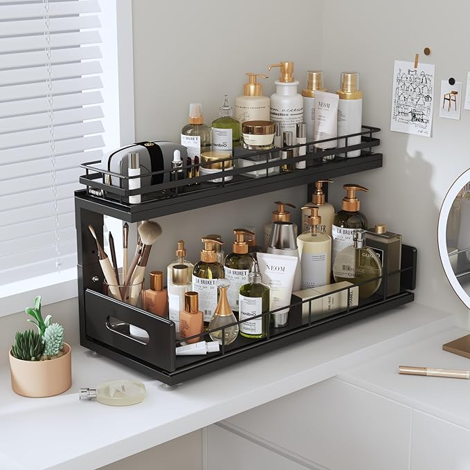 Under Sink Organizer Upgrade To Professional Rails,2-Tier Dual Pull Out Cabinet Storage,Height Adjustable Slide Out Drawers For Bathroom Kitchen,1 Pack-18.5"Dx12.8"-16.9"H,Black