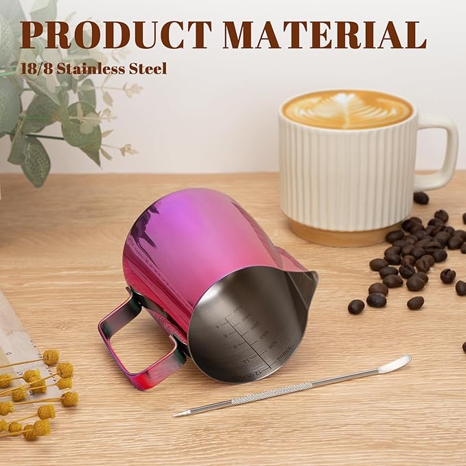 Amrules Milk Frothing Pitcher, 12 oz Milk Frother Cup with Clear Scale, 304 Stainless Steel Cappuccino Espresso Machine Accessories for Barista Coffee Bar with Latte Art Pen, Multipurple