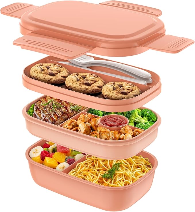 HOMETALL Bento Box Adult Lunch Box,3 Stackable Bento Lunch Containers for Adults/Kids, Modern Minimalist Design Bento Box with Utensil Set, Leak-Proof Lunchbox for Dining Out, Work, Picnic, School