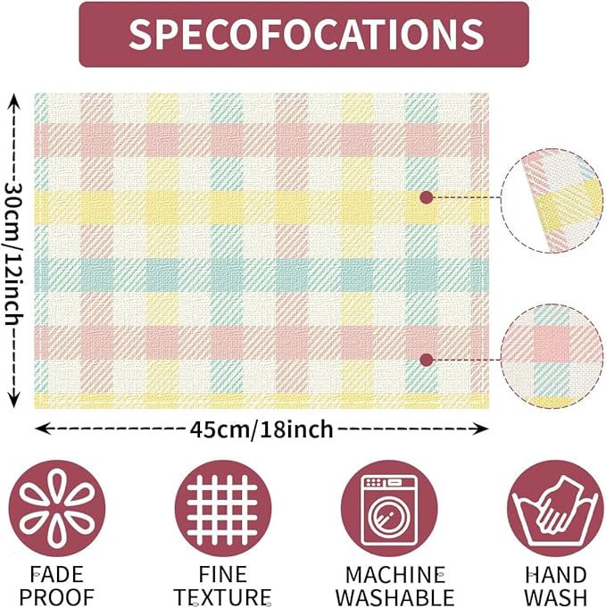 Niviy Buffalo Plaid Blue Pink Yellow Spring Easter Placemats Set of 6, 12x18 Inch Table Mats Easter Decor for Holiday Party Kitchen Dining Room Decoration