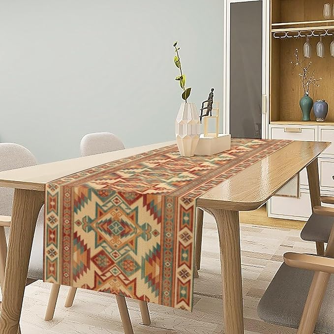 Retro Aztec Table Runner, Western Countryside Native Tribal Art Printed Runner for Home Kitchen Dining Table Living Room Decor Fabric 1 Panel W13xL60in
