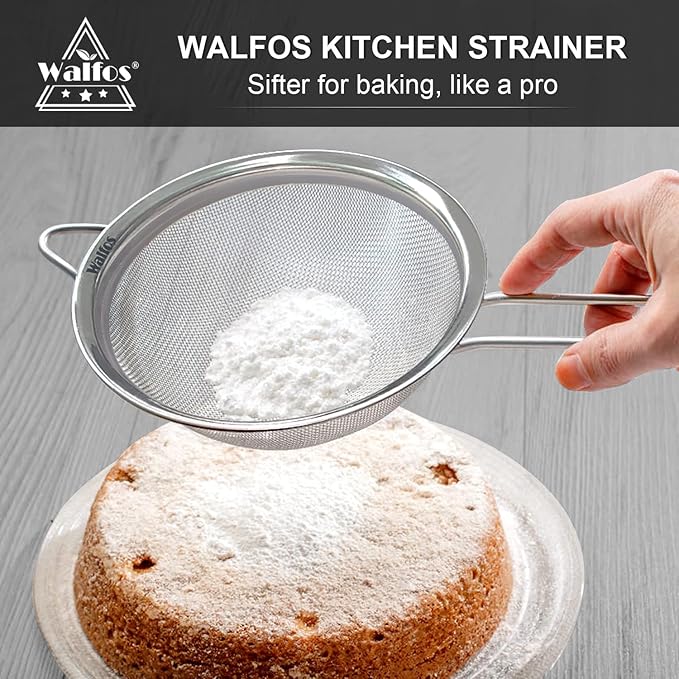 Walfos Fine Mesh Strainer 4PCS, Versatile Kitchen Strainer with Handle - 7", 4.6", 3.15", 2.7" Sieve Fine Mesh Stainless Steel, Metal Strainers and Sifters for Rice, Quinoa, Tea, Cocktail, Juice