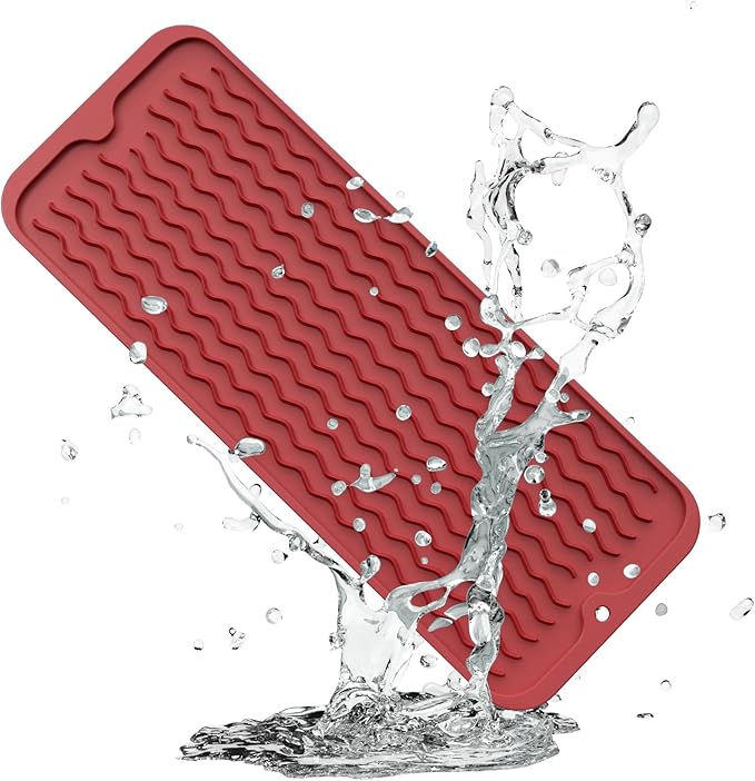 ZLR Silicone Sponge Holder & Sink Caddy Tray (6" x 17") - Narrow Dish Drying Mat for Kitchen Counter - Waterproof Soap Dispenser Organizer, Non-Slip Bathroom Vanity Tray (Lava Red)