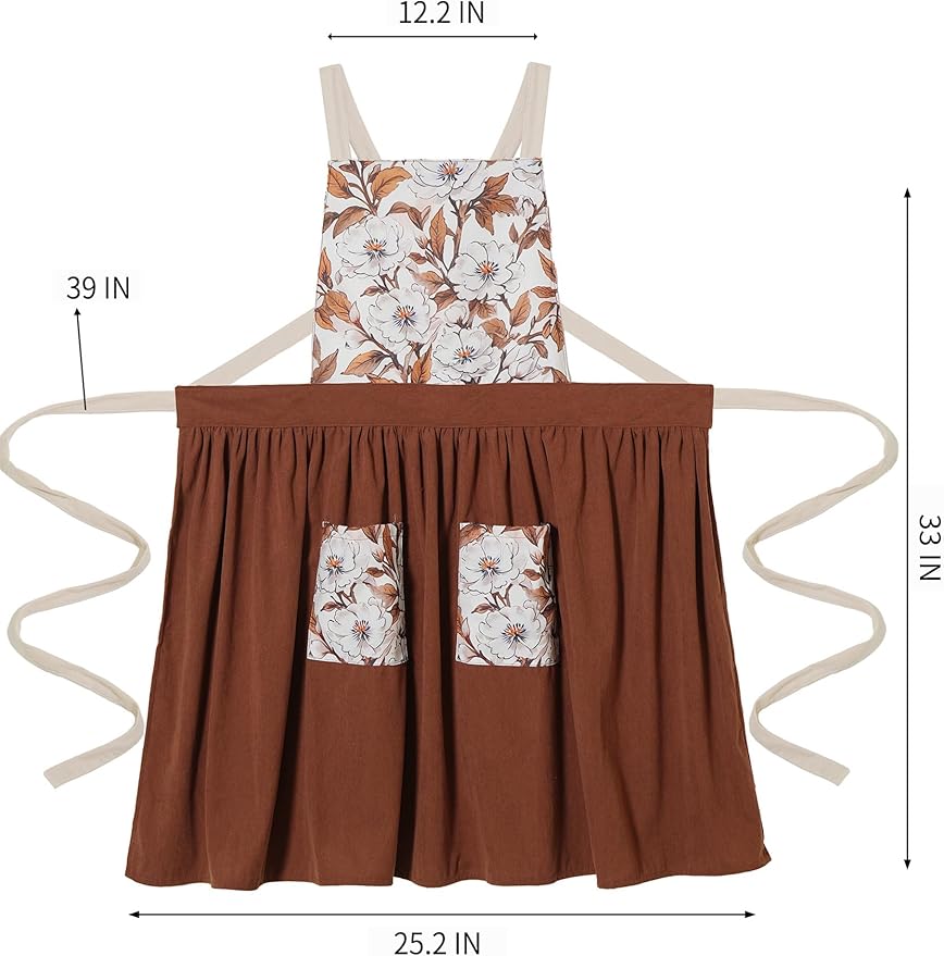 Pinknoke Vintage Pinafore Apron Dress for Women with Pockets Cute Floral Chef Aprons for Kitchen Cooking Baking Gardening