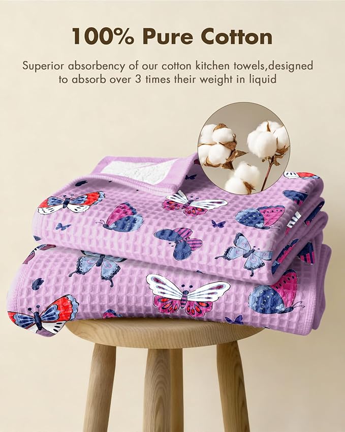 Miss Adola Cotton Waffle Kitchen Towels – Cute 370 GSM 16x25 Inch Terry Cloth Waffle Decorative Dishcloth for Kitchen Set of 2 with Hanging Loops Absorbent Hand Tea Towel for Home Design, Butterfly