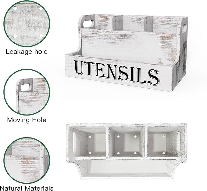Suli Extra Large Kitchen Utensils Holder with 4 Compartments, White Wooden Utensil Organizer for Kitchen Countertop, Farmhouse Utensil Storage, Rustic Cooking Utensils - White Grain