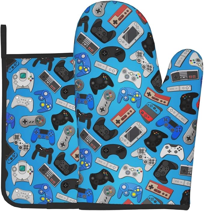 Video Game Controller Background Oven Mitts and Pot Holders Colorful Heat Resistant Oven Mitts Safe for Baking Cooking BBQ