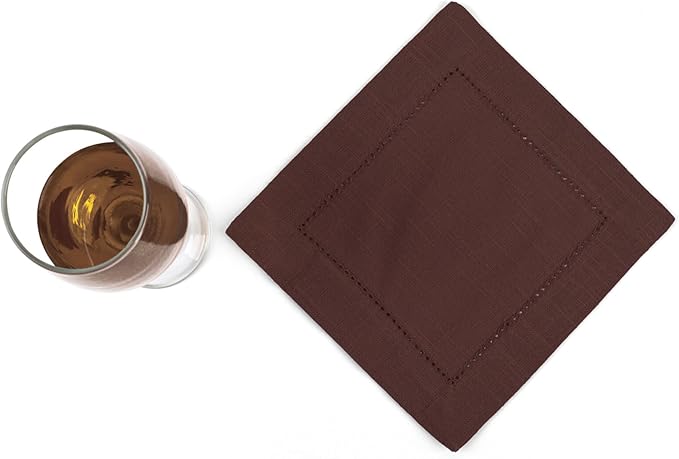 FINGERCRAFT Cocktail Napkins 6 x 6 Inch Premium Quality Cotton, Generous Hemstitch and Mitered Corner Set of 12 Coaster Cloth Chocolate