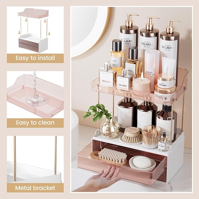 Delamu Bathroom Organizers and Storage, 2 Tier 2 Drawer Makeup Organizer Countertop, Easy to Install, Ideal for Bathroom Counter, Vanity, Ideal for Women Girls, Grapefruit