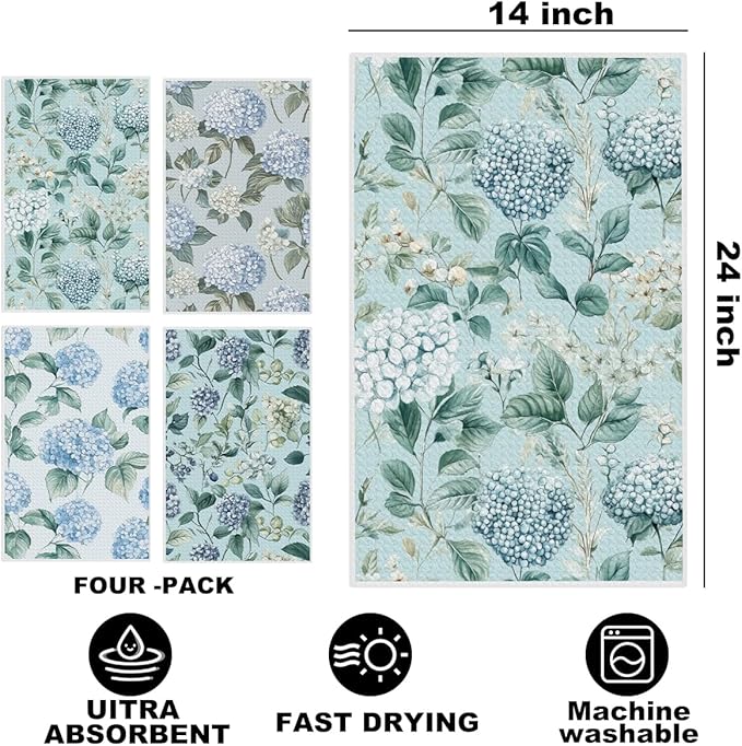 4 Pcs Artistic Blue Hydrangea Kitchen Towels, Elegant Decorative Absorbent Microfiber Dish Cloth Tea Towel, Durable Hand Towels for Farmhouse Home Bathroom, Housewarming Gifts
