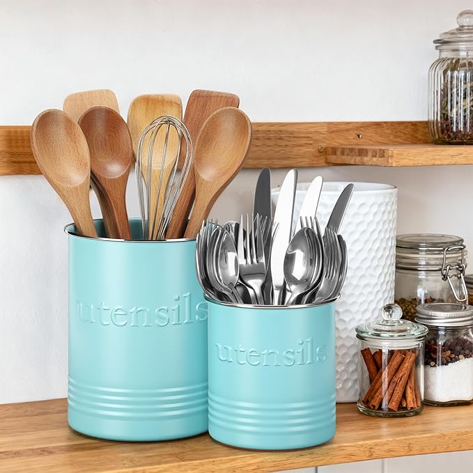 FoldTier 2 Pack Kitchen Utensil Holder for Counter 6.7"+4.7" Farmhouse Cooking Utensil Crock with Cork Bottom Modern Farmhouse Decors Countertop Storage Organizer Caddy Housewarming Gift(Turquoise)