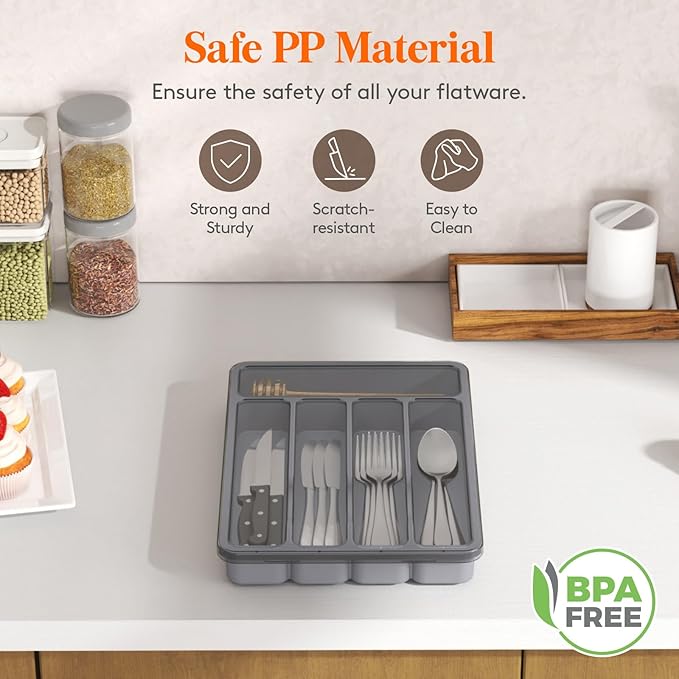 Lifewit Silverware Organizer with Lid, Covered Utensil Tray for Kitchen Drawer and Countertop, Plastic Cutlery and Flatware Storage Box for Spoons Forks Knives Holder Case, 23 x 32 cm, Gray