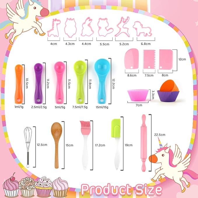 KAEGREEL Kids Baking Chef Set with Unicorn Apron and Mitt, 26pcs Kid Cooking Set with Chef Hat Spoons Whisk, Chef Dress Up Role Play Gifts for Girls Boys Aged 3 4 5 6 7 8