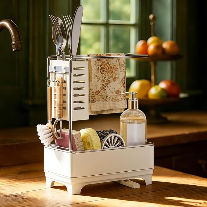 MOUKABAL Sponge Holder for Kitchen Sink, 2-Tier Sink Caddy Organizer with Drain Holes and Hooks, Holds Dishcloth, Sponge & Brushes, Kitchen Countertop Storage for New Home Essentials Off-white