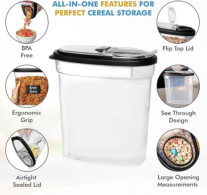 Shazo 3 PC Cereal Container Storage Set (5.2L, 2.8L, 1.2L) - Large Airtight Food Storage Containers with Flip-Top Lids, BPA-Free Plastic Cereal Dispenser for Pantry, Rice, Flour, Sugar & Pasta