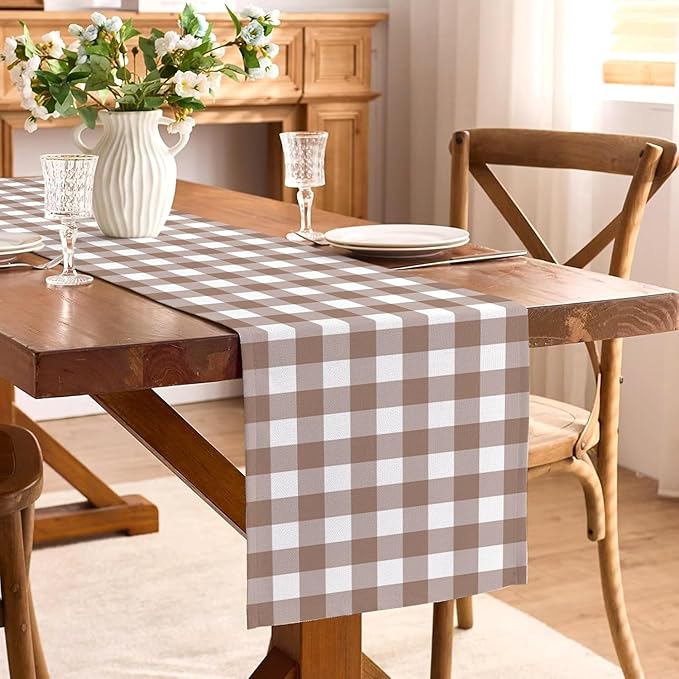 Khaki Gingham Table Runner Light Brown and White Checkered Birthday Wedding Baby Shower Party Decoration BBQ Picnic Home Kitchen Table Decor (Khaki, 13" x 90")