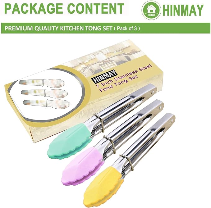 HINMAY Mini Tongs with Silicone Tips 7-Inch Small Serving Tongs, Set of 3 (Pink Mint Yellow)