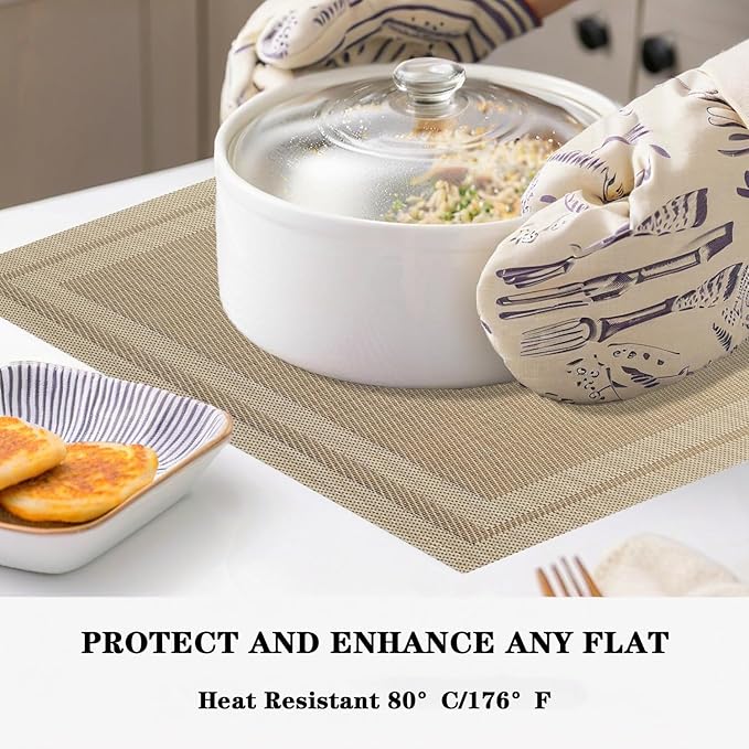 Khaki Placemats Set of 2 - Heat Resistant Non-Slip Place mats for Dining Table, Washable Durable PVC Vinyl Woven Table Mats (Khaki, 2)