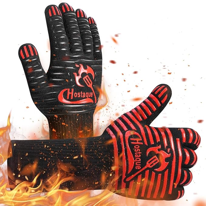 Grilling Gloves 1472℉ Extreme Heat Resistant, Grill BBQ Gloves for Men, Silicone Non-Slip Kitchen Oven Mitts, Hot Cooking Oven Gloves for Grilling, Frying, Baking, Welding, Fireplace, 14 Inch