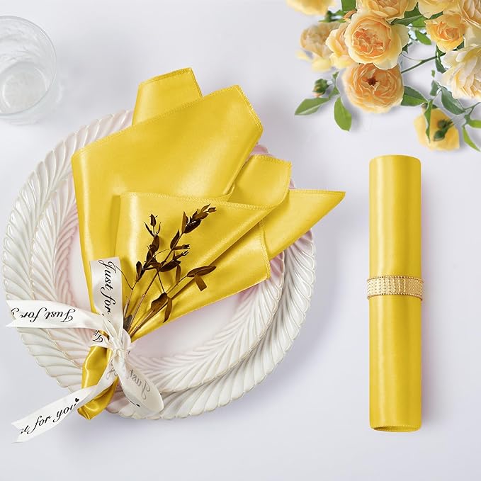 KKJIAF Gold Silky Satin Napkins (12 Pieces, 17x17 Inches),Washable Polyester Square Table Napkins for Wedding Dinner Party Decoration