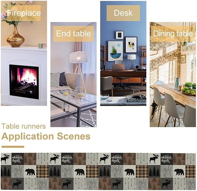 Rustic Cabin Bear Table Runner Retro Deer Moose Hunting Country Plaid Art Printed Runner for Home Kitchen Dining Table Living Room Decor Fabric 1 Panel W13xL60in