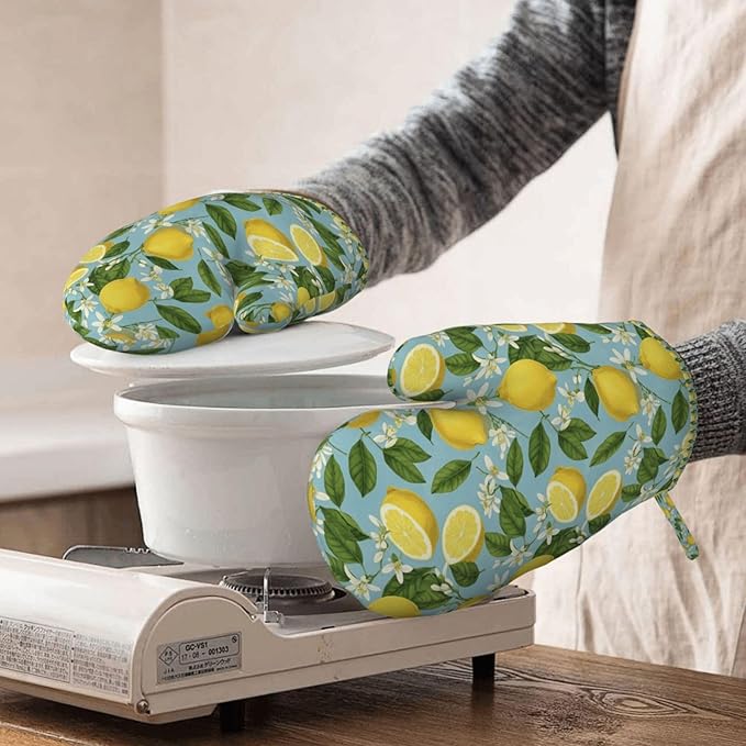 Lemon Silicone Oven Mitts Set of 2, Heat Resistant up to 500°F, Kitchen Oven Gloves with Non-Slip Grip and Soft Cotton Lining for Baking, Cooking and BBQ