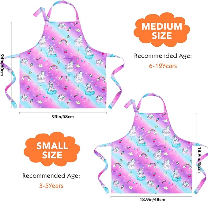 PASHOP 2 Pack Kids Apron Rainbow Unicorn Toddler Apron With Pockets for Kids Girls Boys Cooking Baking Painting