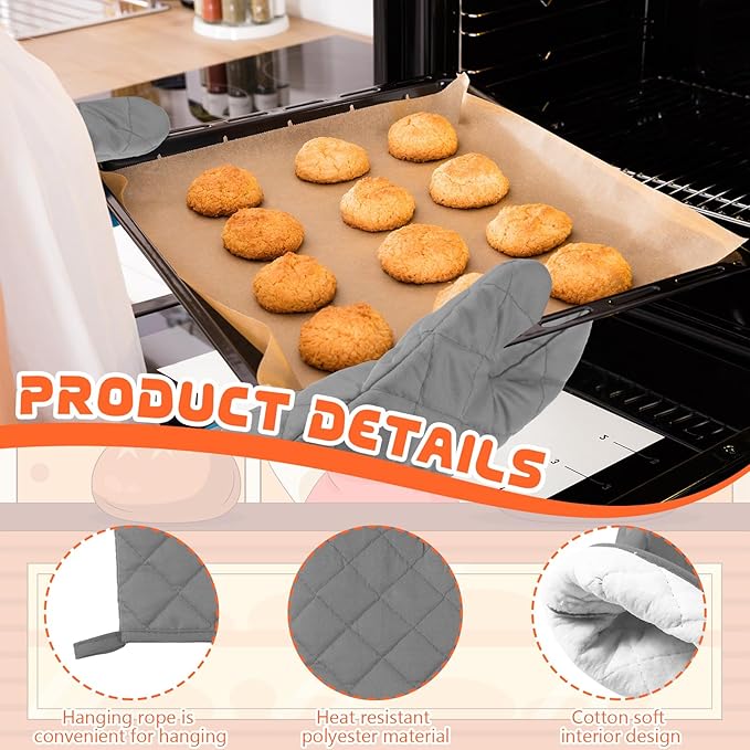 6 Pairs Heat Resistant Oven Mitts Kitchen Oven Gloves 11 Inch Long Quilted Cotton Polyester Kitchen Gloves for Cooking, Baking, Grilling BBQ (Black,Grey)