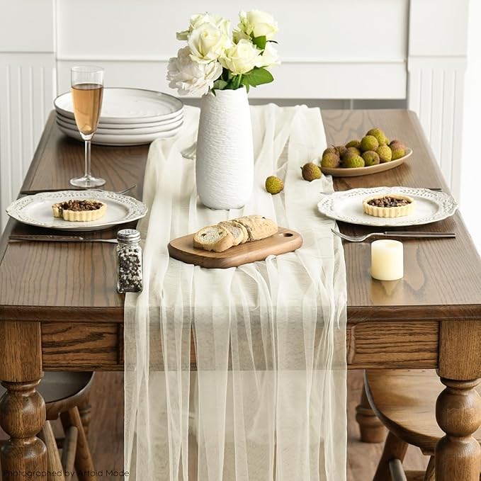 Artoid Mode 6PCS Beige Gauze Table Runner 120 Inch 10FT, Seasonal Sheer Kitchen Dining Holiday Wedding Birthday Baby Shower Table Decor for Home Party