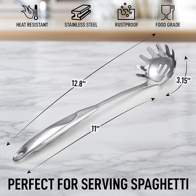 Zulay Kitchen Stainless Steel Spaghetti Spoon - 12” Pasta Spoon with Teeth & Draining Holes - Rust-Resistant Pasta Fork for Noodles & Pasta - Dishwasher Safe Utensil for Everyday Use