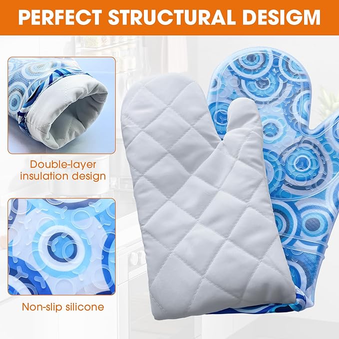 Silicone Oven Mitts Set Heat Resistant 2PCS Kitchen Mittens with Soft Cotton Lining Long Waterproof Non-Slip Oven Gloves for Cooking, BBQ, Baking-Blue