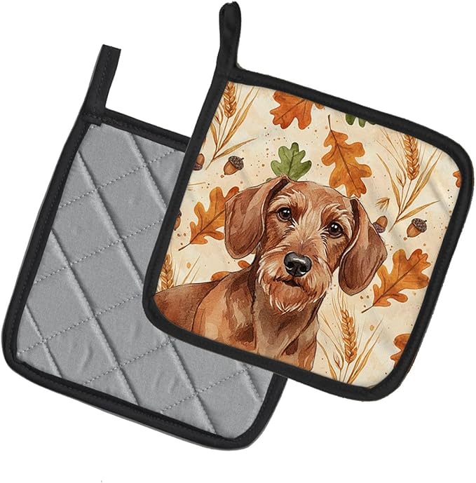 Caroline's Treasures Wirehaired Red Dachshund Heirloom Fall Pair of Pot Holders Pair 7.5x7.5 Quilted Insulated Hot Pads Decorative Kitchen Gift Made in USA