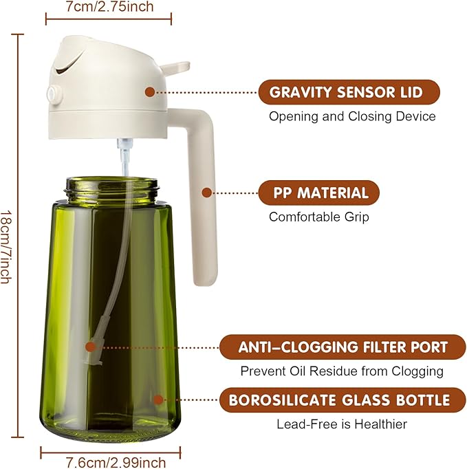 YARRAMATE 16oz/470ml Light-Blocking Dark Oil Sprayer for Cooking, 2 in 1 Olive Oil Dispenser Bottle for Kitchen, Premium Dark Green Glass Oil Bottle, Food-Grade Oil Mister for Air Fryer, BBQ (White)