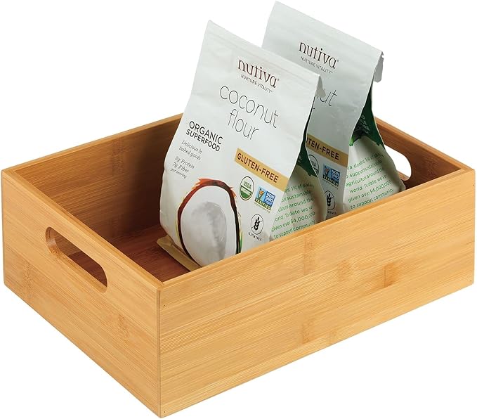 mDesign Bamboo Kitchen Cabinet & Fridge Drawer Organizer Tray with Handle - Storage Bin for Cutlery, Serving Spoons, Cooking Utensils, Gadgets - Natural Wood Finish