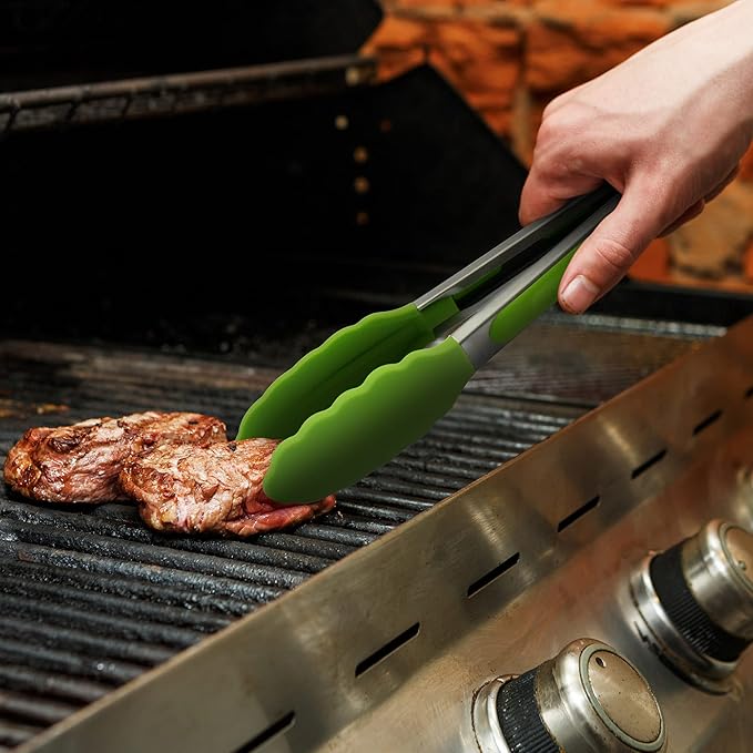 3 Pack Green Kitchen Tongs, Premium Silicone BPA Free Non-Stick Stainless Steel BBQ Cooking Grilling Locking Food Tongs, 9-Inch 10-Inch & 12-Inch