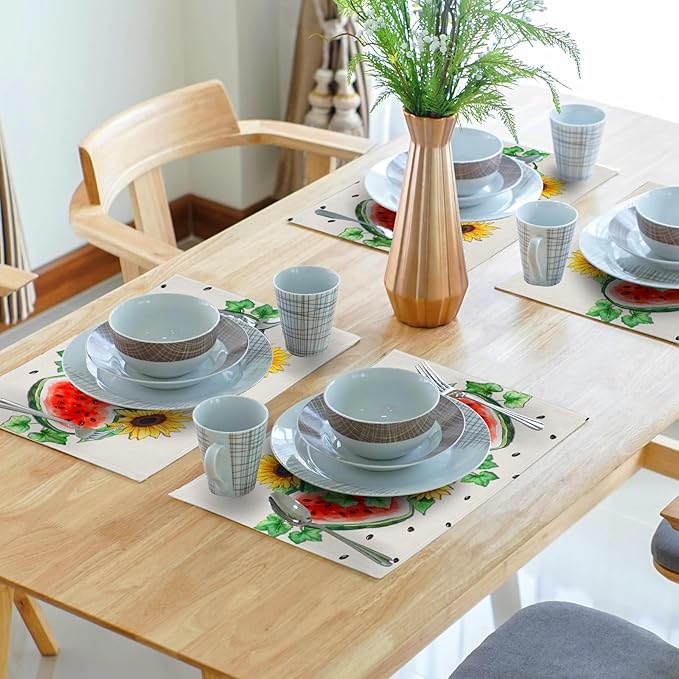 Summer Watermelon Placemat Set of 4，Sunflowers Table Mats Non Slip Heat-Resistant Washable Table Place Mats for Kitchen Dining Table Home Decoration 12 x 18 Inch