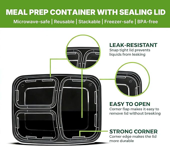 Meal Prep Containers with Lids, Reusable 3-Compartment Food Storage, Sturdy Leakproof & Food Safe, Microwave Freezer Dishwasher Safe, To-Go Takeout Plastic Containers, 50 Pack (100-Piece) – 60827