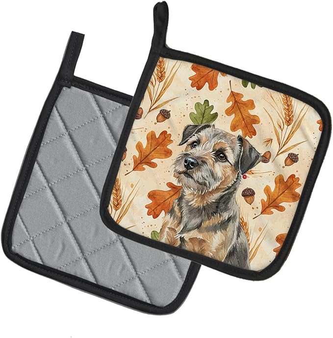 Caroline's Treasures Grizzle and Tan Border Terrier Heirloom Fall Pair of Pot Holders Pair 7.5x7.5 Quilted Insulated Hot Pads Decorative Kitchen Gift Made in USA