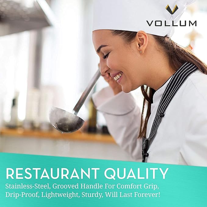 Vollum 1-Piece Ladle Heavy Duty Thick Stainless Steel - 8 Ounce (3.9" Bowl Diameter, 15.1" Handle Length)