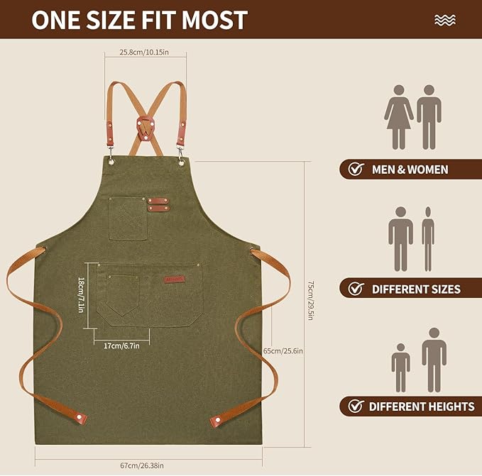 Chef Aprons for Men Women with 4 Large Pockets, Cotton Canvas Cross Back Adjustable Apron for Work grilling kitchen gardening