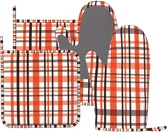 Orange Black Buffalo Plaid Fall Oven Mitts and Pot Holders Set, 4pcs Silicone Oven Glove for Kitchen Heat Resistant Oven Mitts and Potholders Non-Slip for Cooking