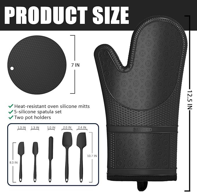 Oven Mitts with Heat-Resistant Hot Pads and Five Silicone Spatulas Designed for Kitchen Baking Cooking, Oven Glove Soft Cotton Lining, Waterproof, BPA-Free (Black)
