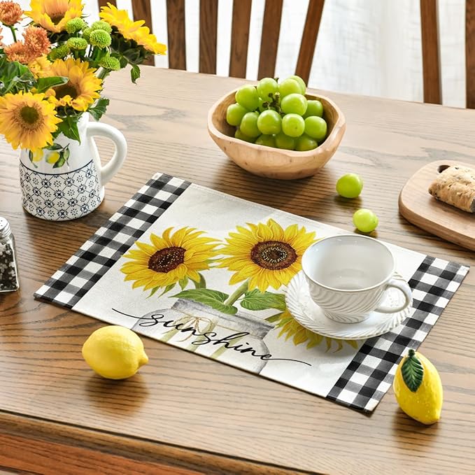 Artoid Mode Buffalo Plaid Sunflower Sunshine Vase Summer Placemats Set of 4, 12x18 Inch Spring Table Mats for Party Kitchen Dining Decoration