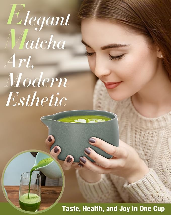 20OZ Matcha Whisk Set - 5PCS Chasen Set Includes Matcha Bowl with Spout, Bamboo Whisk with Ceramic Holder, Macha Scoop and Sifter, Matcha Kit for Ceremony, Gift for Matcha Lovers (Pale Gray-Green)