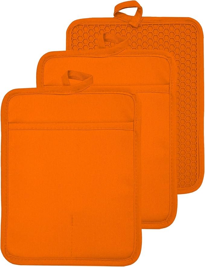 Oven Pot Holder with Pocket Cotton Heat Resistant Coaster Potholder Kitchen Hot Pad Oven Mitts for Cooking and Baking Square 7"x9" (Orange, Silicone)