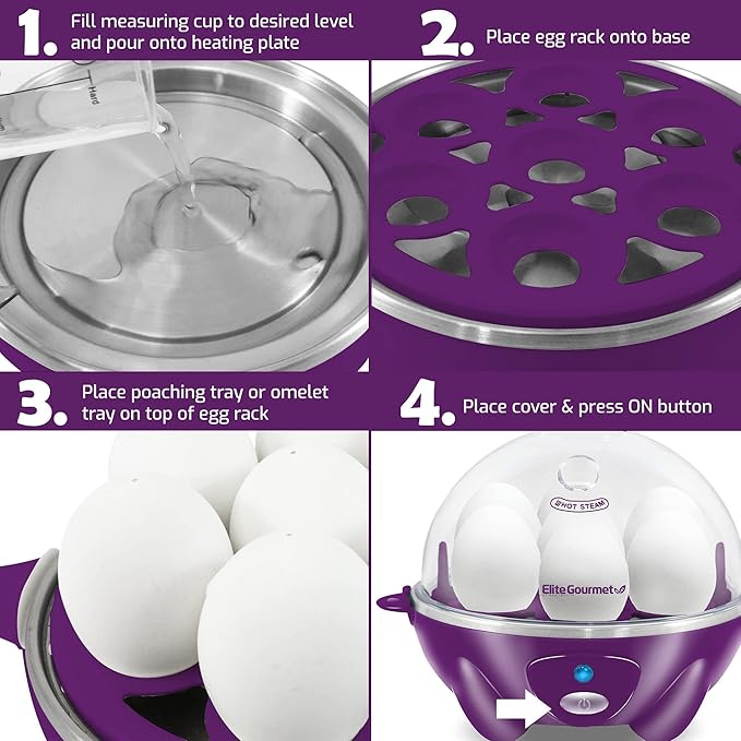 Elite Gourmet EGC700P# Rapid Egg Cooker, 7 Easy-To-Peel, Hard, Medium, Soft Boiled Eggs, Poacher, Omelet Maker, Auto Shut-Off, Alarm, 16-Recipe Booklet, BPA-Free, Eggplant